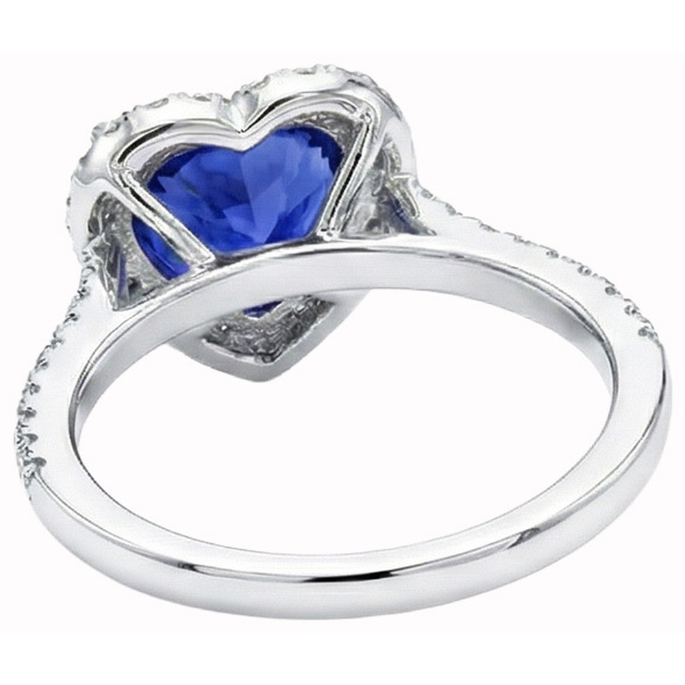 Anello a cuore con zaffiro di Ceylon 4 carati e diamanti tondi in oro bianco 14K