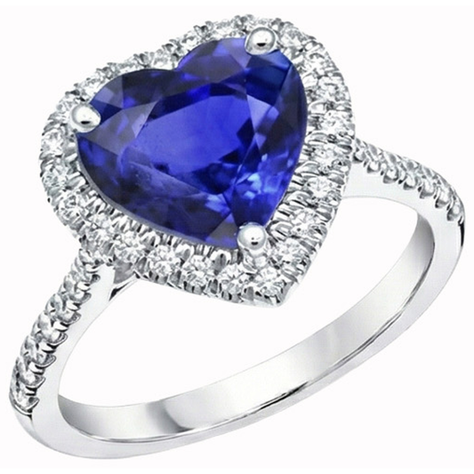 Anello a cuore con zaffiro di Ceylon 4 carati e diamanti tondi in oro bianco 14K