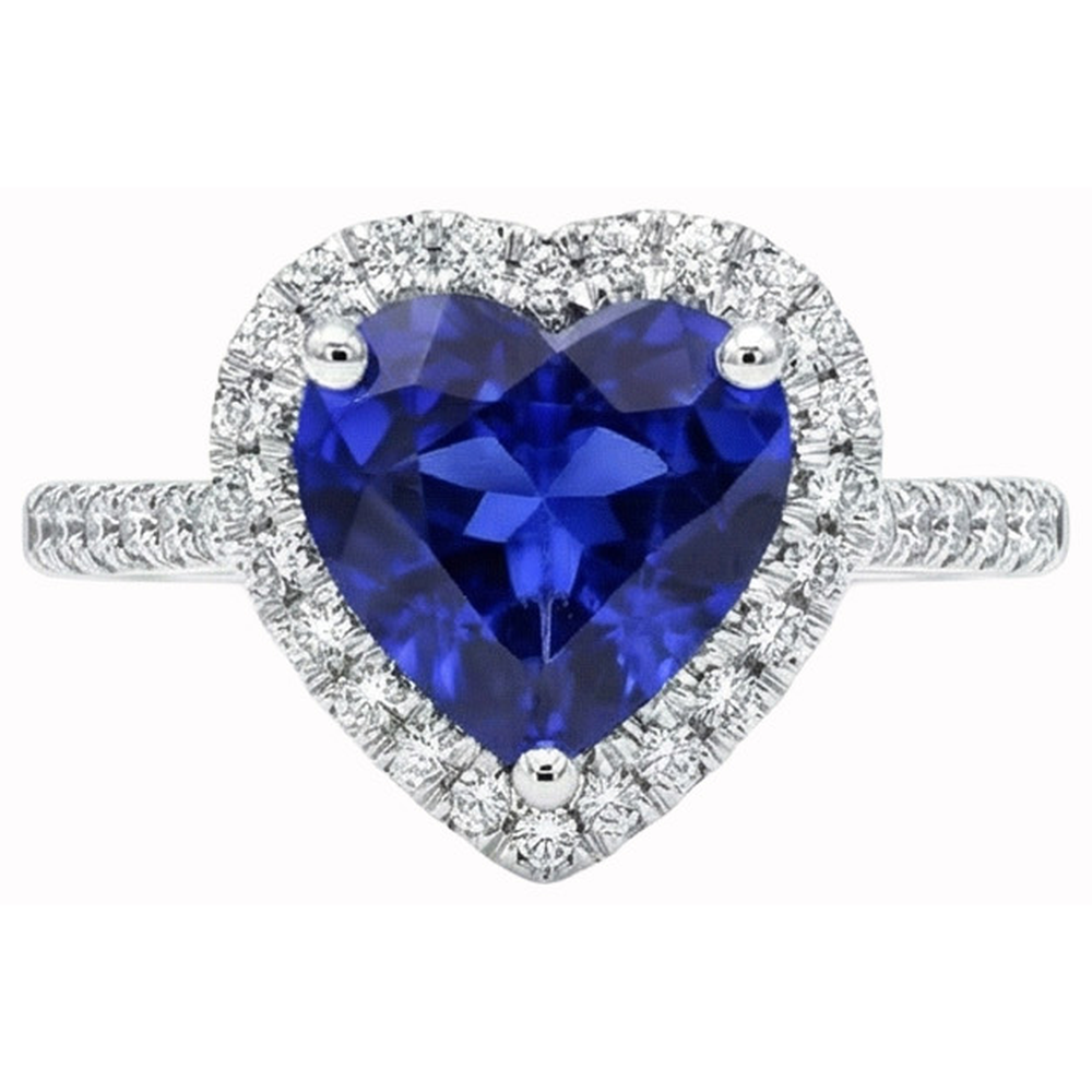 Anello a cuore con zaffiro di Ceylon 4 carati e diamanti tondi in oro bianco 14K