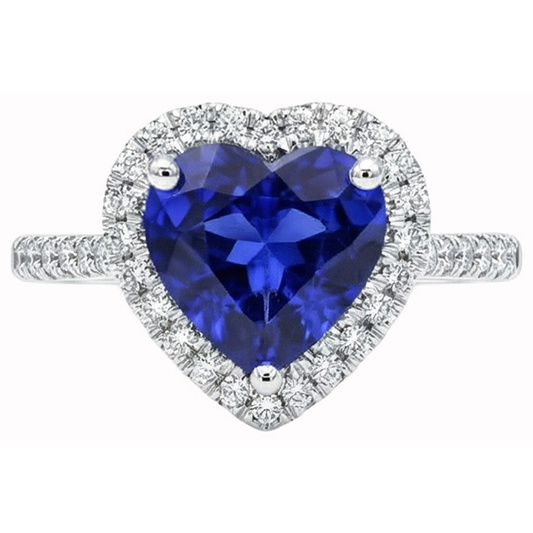 Anello a cuore con zaffiro di Ceylon 4 carati e diamanti tondi in oro bianco 14K