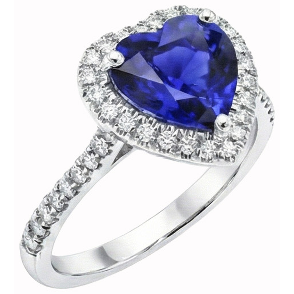 Anello a cuore con zaffiro di Ceylon 4 carati e diamanti tondi in oro bianco 14K