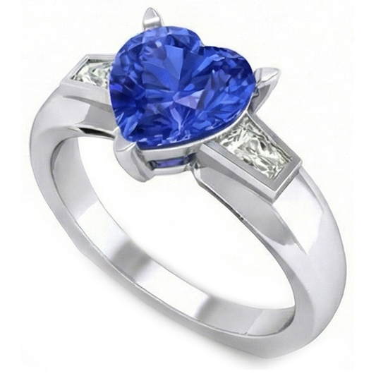 Anello a forma di cuore con 3 diamanti baguette e zaffiro blu 2.75 carati