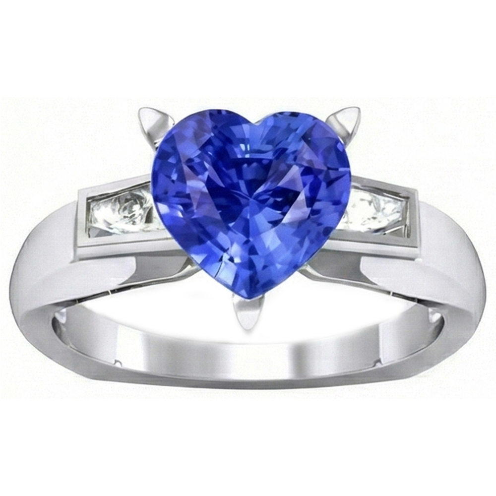 Anello a forma di cuore con 3 diamanti baguette e zaffiro blu 2.75 carati