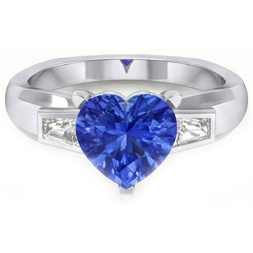 Anello a forma di cuore con 3 diamanti baguette e zaffiro blu 2.75 carati