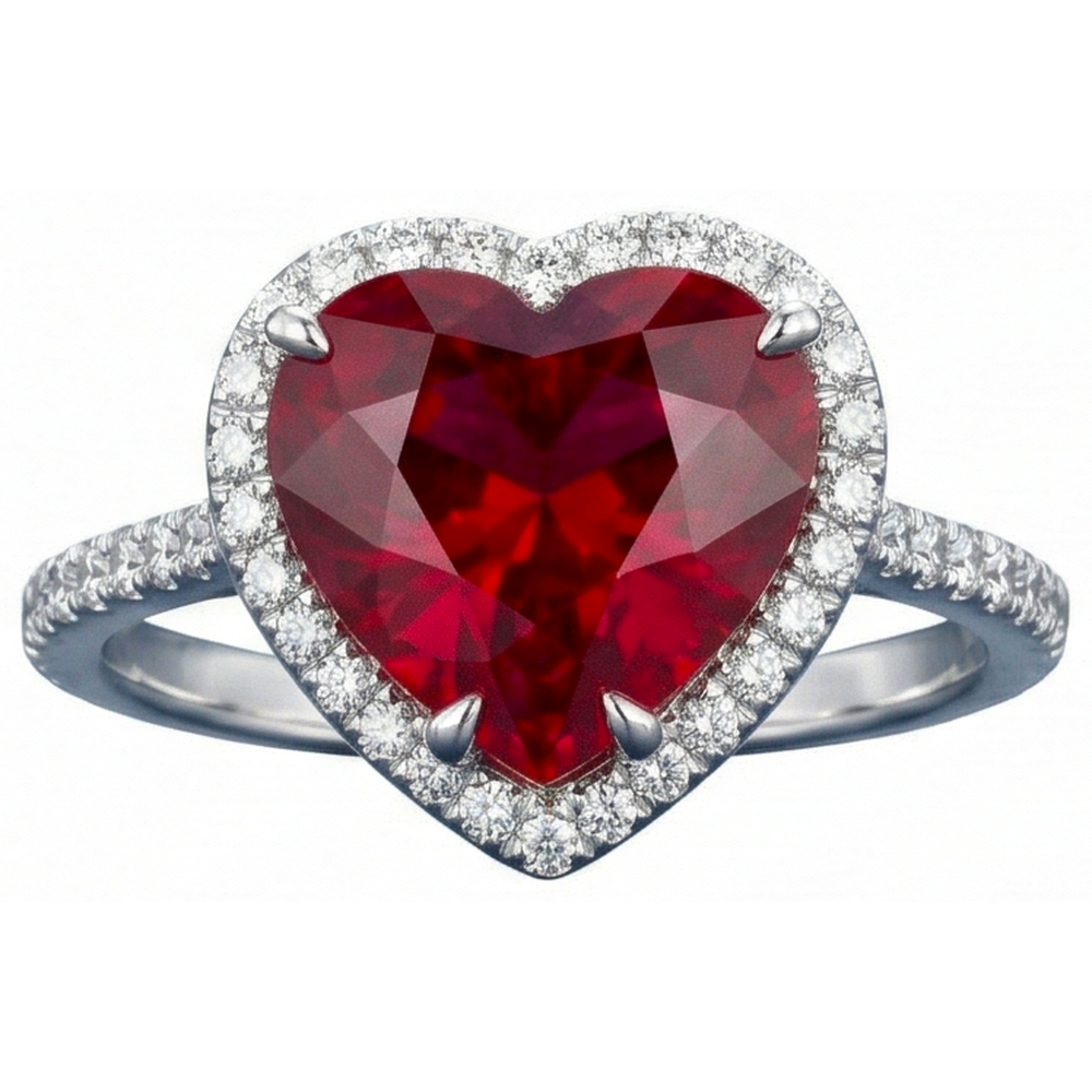 Anello a forma di cuore con rubini e diamanti in oro bianco 14k 5,35 ct
