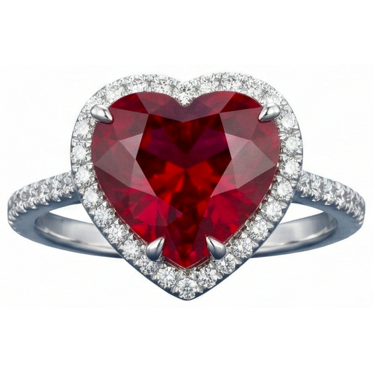 Anello a forma di cuore con rubini e diamanti in oro bianco 14k 5,35 ct