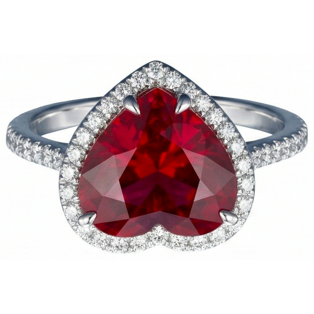 Anello a forma di cuore con rubini e diamanti in oro bianco 14k 5,35 ct