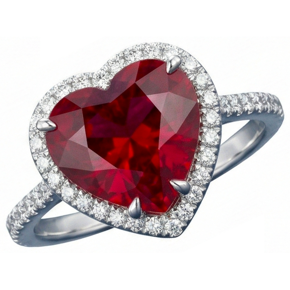 Anello a forma di cuore con rubini e diamanti in oro bianco 14k 5,35 ct