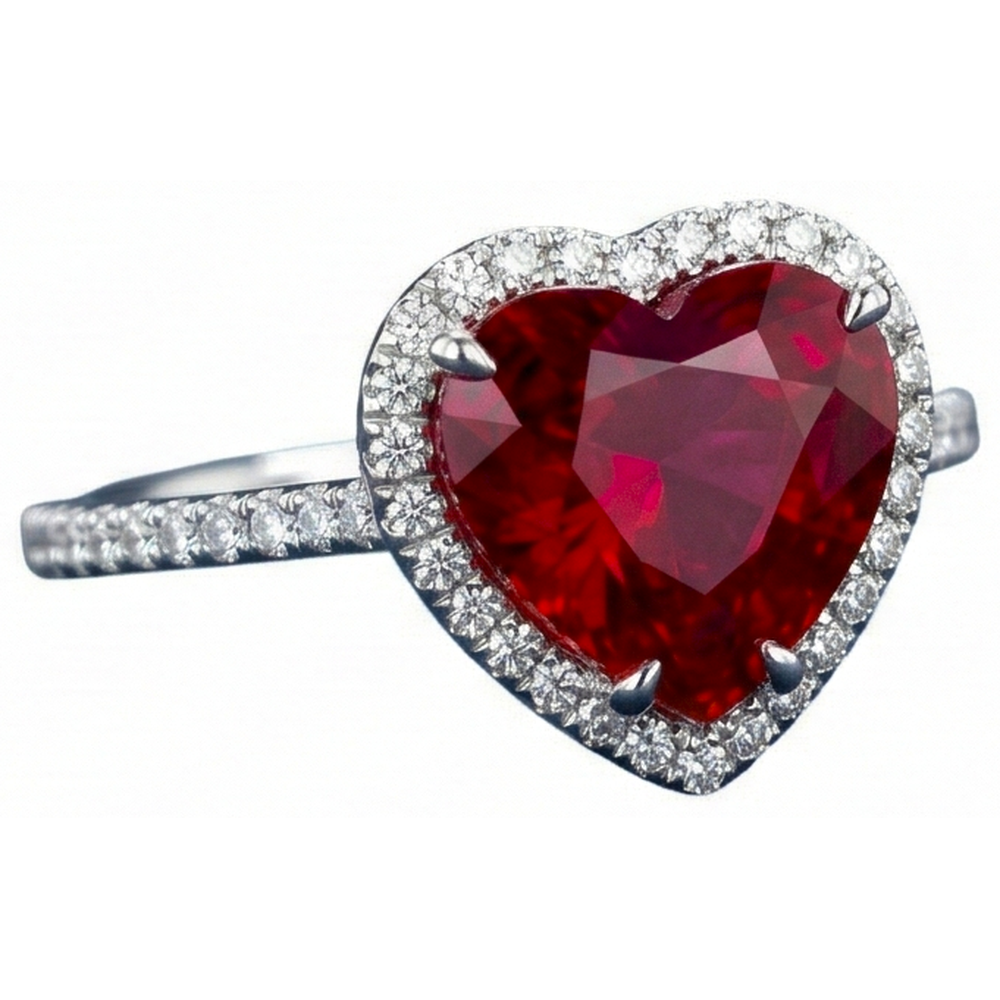 Anello a forma di cuore con rubini e diamanti in oro bianco 14k 5,35 ct