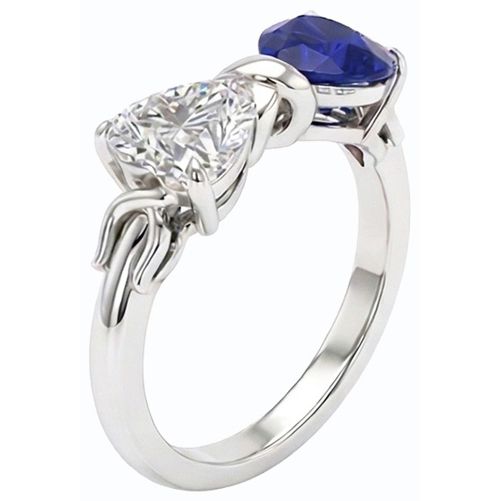 Anello a forma di cuore con zaffiro blu 3 carati, diamante e gambo intrecciato in oro 14K