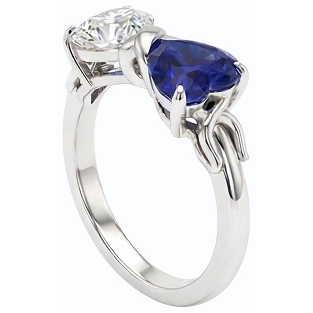 Anello a forma di cuore con zaffiro blu 3 carati, diamante e gambo intrecciato in oro 14K