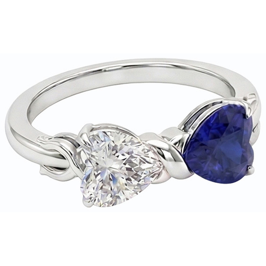 Anello a forma di cuore con zaffiro blu 3 carati, diamante e gambo intrecciato in oro 14K