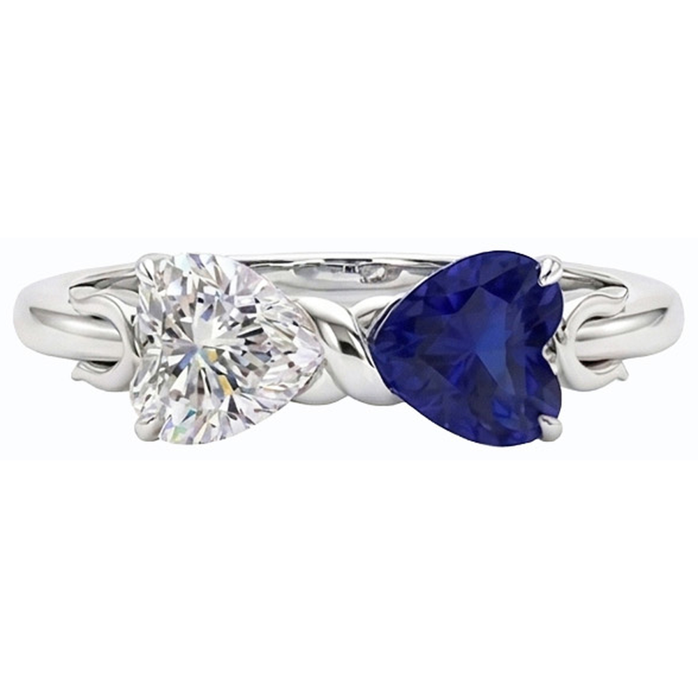 Anello a forma di cuore con zaffiro blu 3 carati, diamante e gambo intrecciato in oro 14K