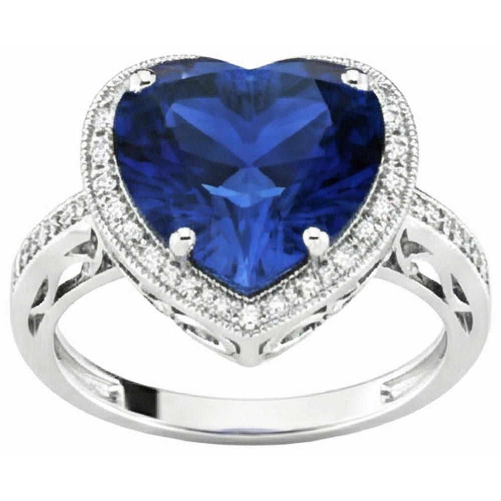 Anello a forma di cuore con zaffiro blu dello Sri Lanka e diamante 7,75 carati WG 14K