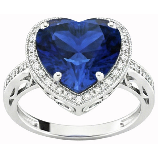 Anello a forma di cuore con zaffiro blu dello Sri Lanka e diamante 7,75 carati WG 14K