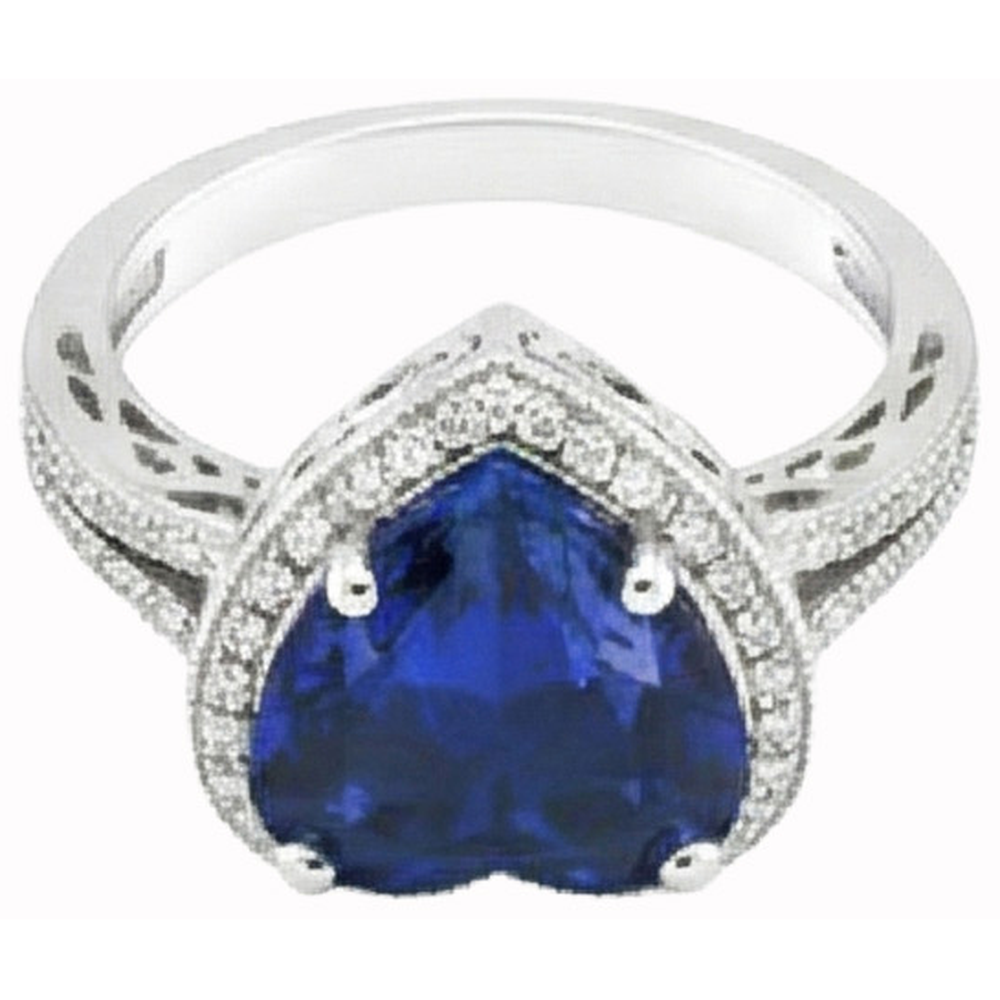 Anello a forma di cuore con zaffiro blu dello Sri Lanka e diamante 7,75 carati WG 14K