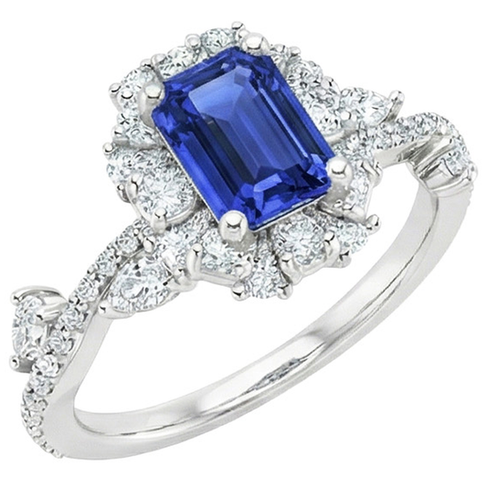Anello a forma di fiore con smeraldo zaffiro dello Sri Lanka 5 carati e diamante