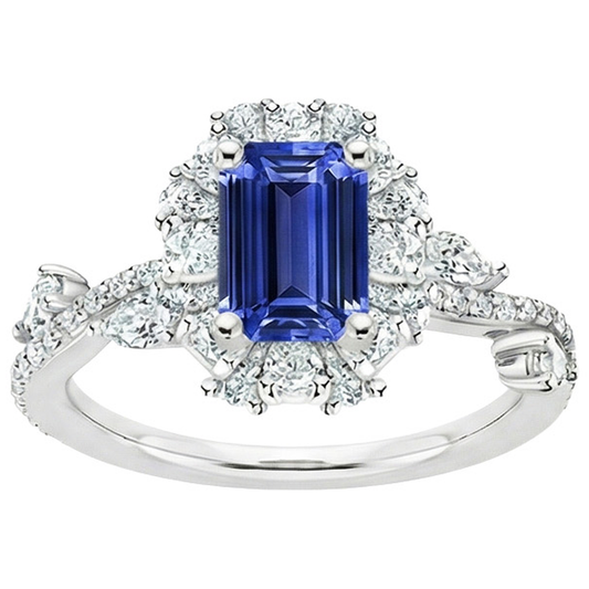 Anello a forma di fiore con smeraldo zaffiro dello Sri Lanka 5 carati e diamante