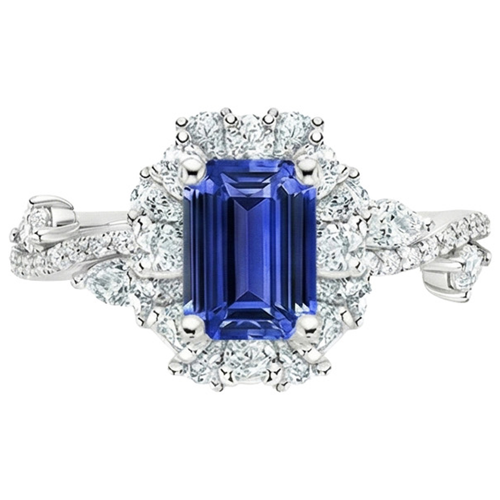 Anello a forma di fiore con smeraldo zaffiro dello Sri Lanka 5 carati e diamante