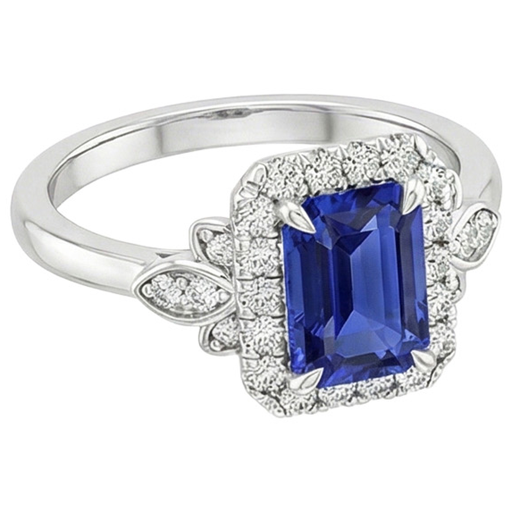 Anello a forma di fiore con zaffiro di Ceylon di smeraldo da 4,25 carati e diamante