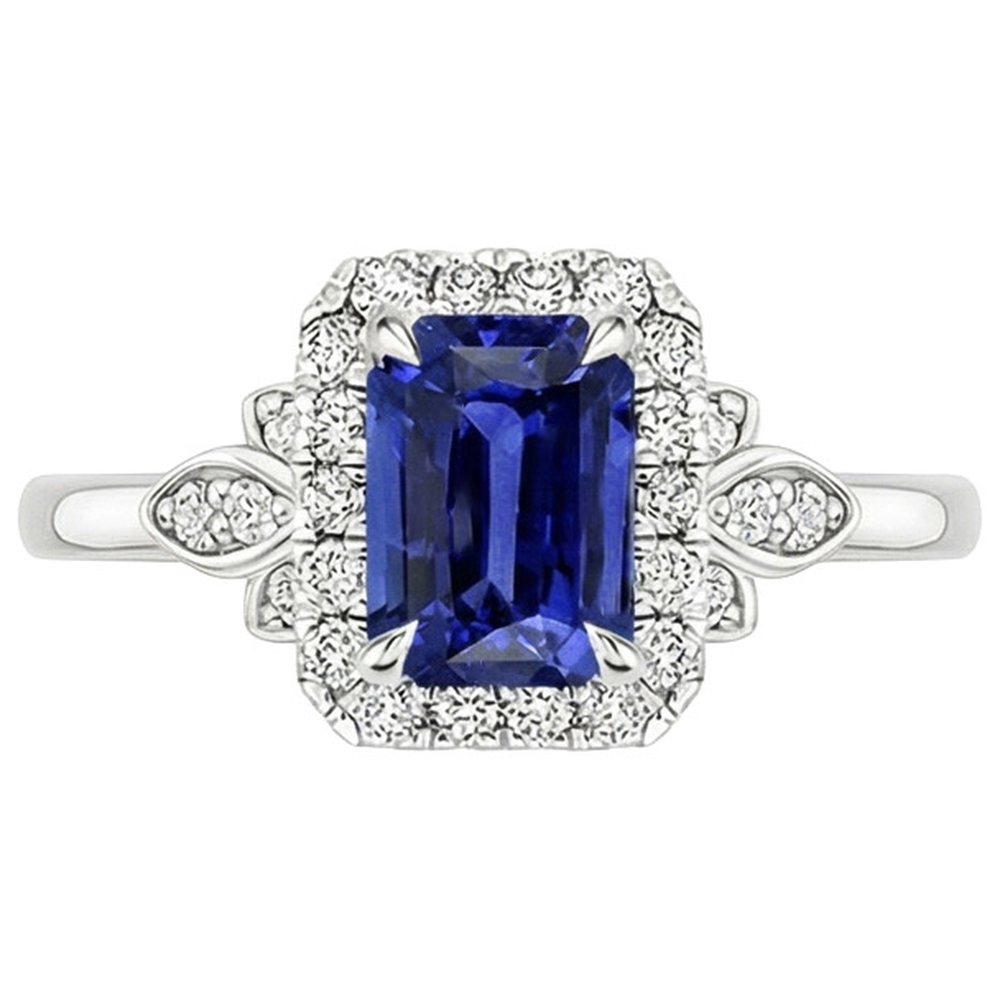 Anello a forma di fiore con zaffiro di Ceylon di smeraldo da 4,25 carati e diamante