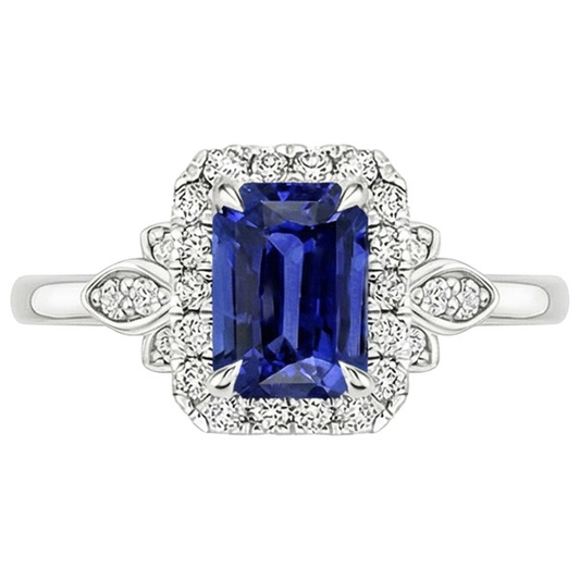 Anello a forma di fiore con zaffiro di Ceylon di smeraldo da 4,25 carati e diamante