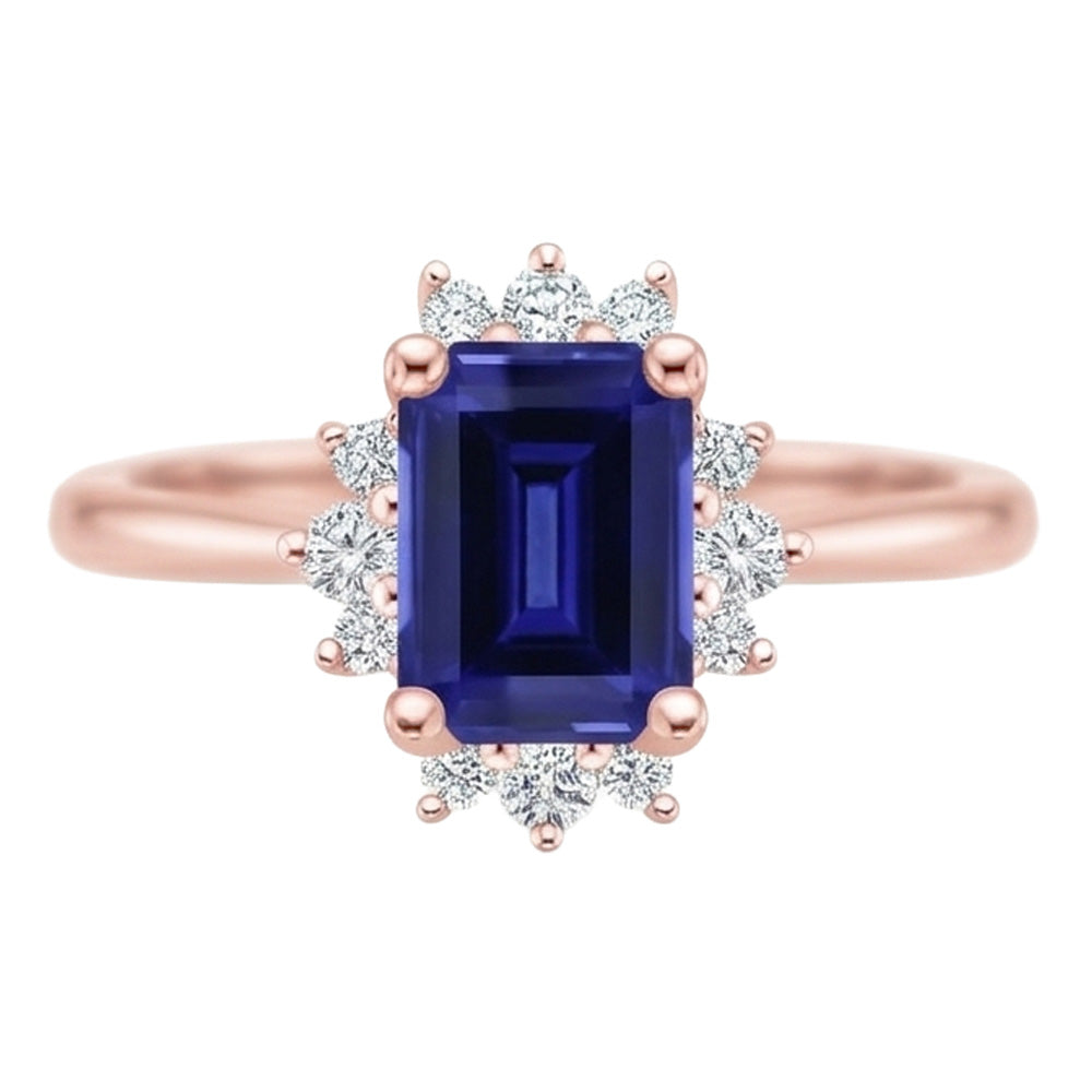 Anello a forma di fiore con zaffiro di Ceylon taglio smeraldo da 4 carati e diamante
