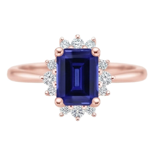 Anello a forma di fiore con zaffiro di Ceylon taglio smeraldo da 4 carati e diamante