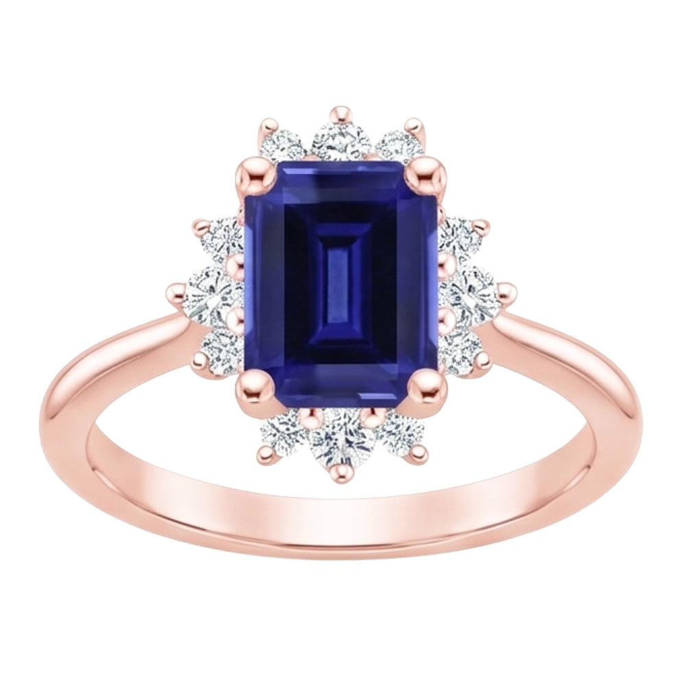 Anello a forma di fiore con zaffiro di Ceylon taglio smeraldo da 4 carati e diamante