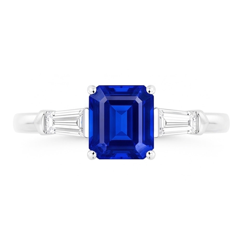 Anello a forma di smeraldo con tre diamanti baguette da 1,25 carati e oro bianco 14K