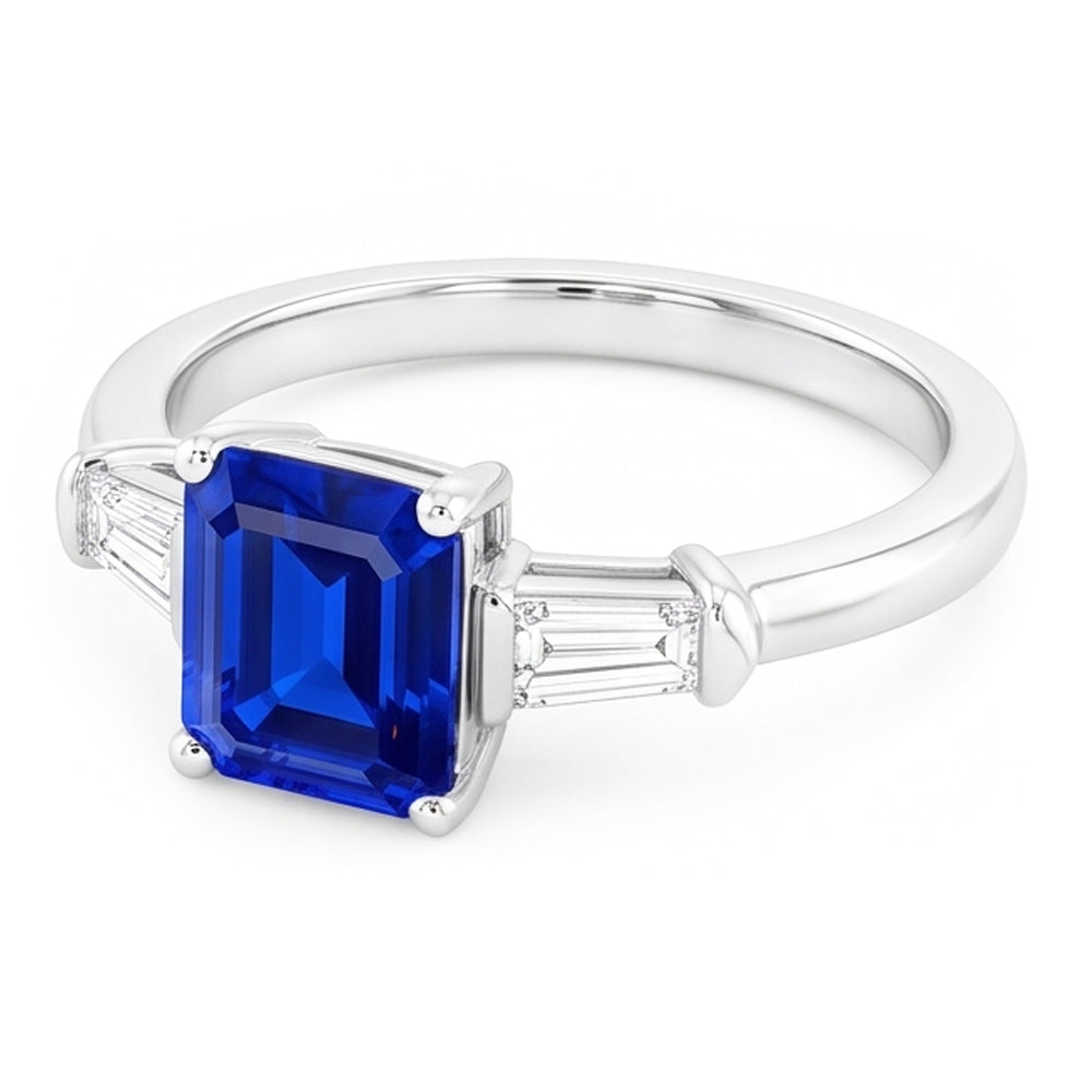 Anello a forma di smeraldo con tre diamanti baguette da 1,25 carati e oro bianco 14K
