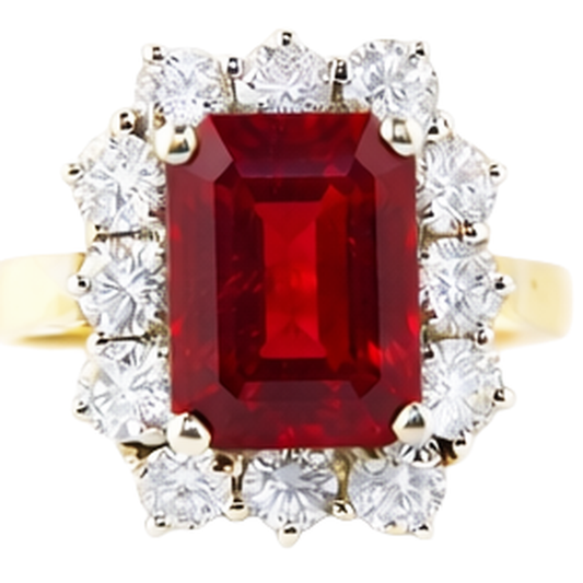 Anello a forma di smeraldo rosso rubino con diamanti rotondi 7.45 carati in oro
