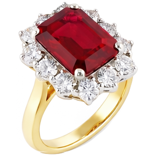 Anello a forma di smeraldo rosso rubino con diamanti rotondi 7.45 carati in oro