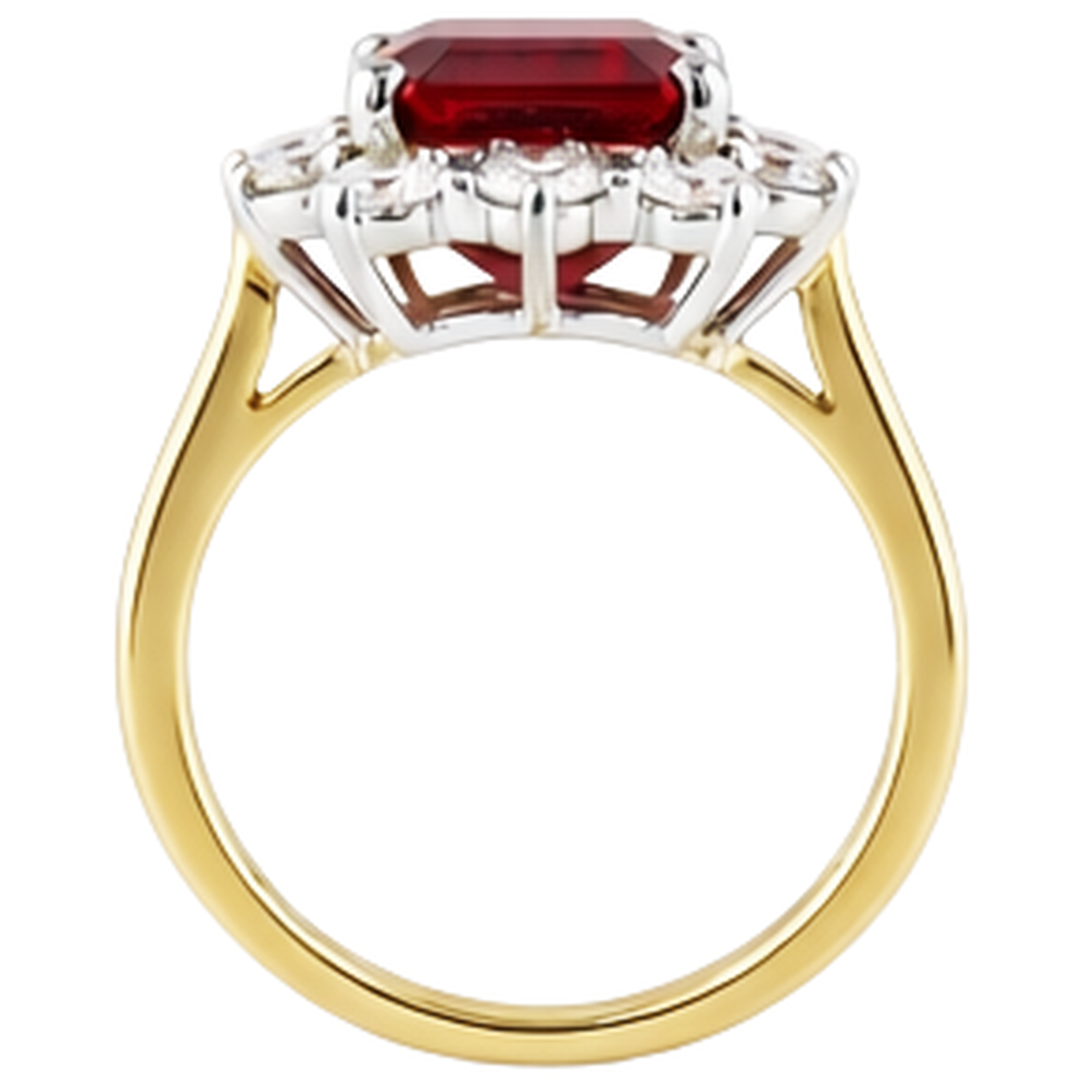 Anello a forma di smeraldo rosso rubino con diamanti rotondi 7.45 carati in oro