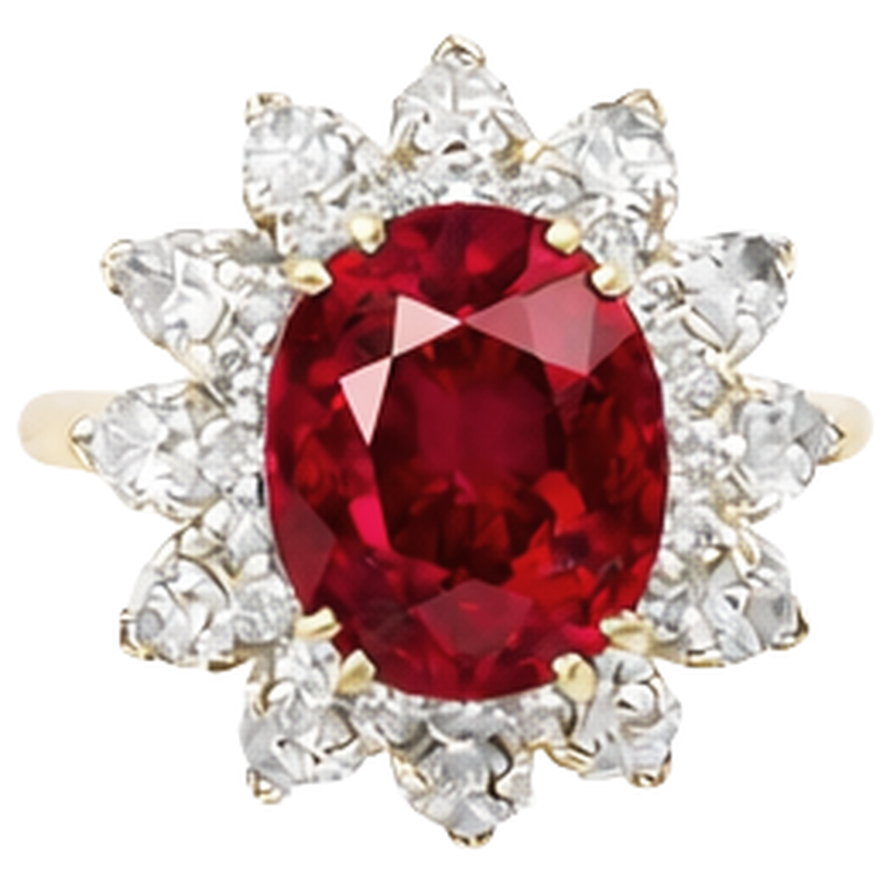 Anello a griffe con rubini e diamanti a taglio rotondo da 4.50 ct incastonati in oro giallo 14k
