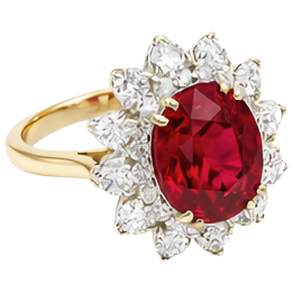 Anello a griffe con rubini e diamanti a taglio rotondo da 4.50 ct incastonati in oro giallo 14k