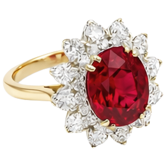 Anello a griffe con rubini e diamanti a taglio rotondo da 4.50 ct incastonati in oro giallo 14k