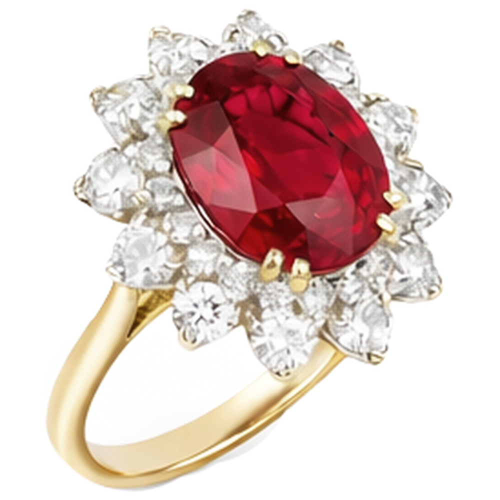 Anello a griffe con rubini e diamanti a taglio rotondo da 4.50 ct incastonati in oro giallo 14k