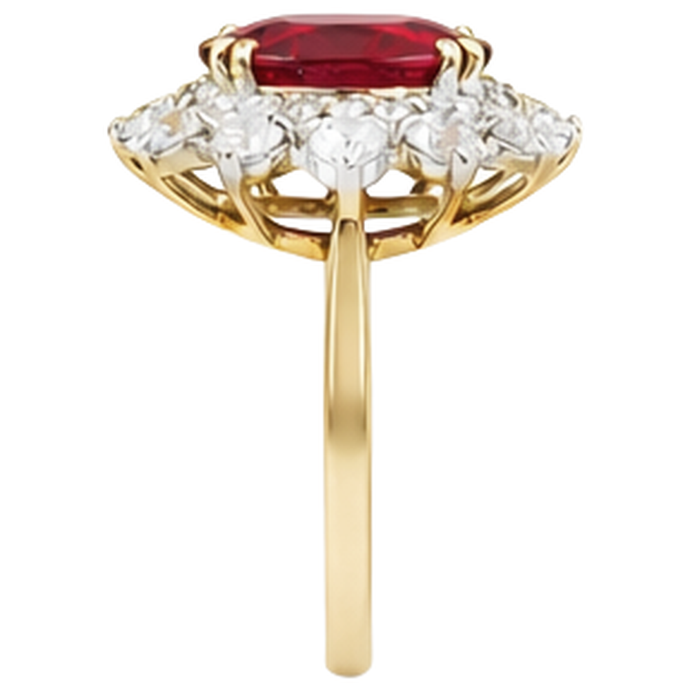 Anello a griffe con rubini e diamanti a taglio rotondo da 4.50 ct incastonati in oro giallo 14k