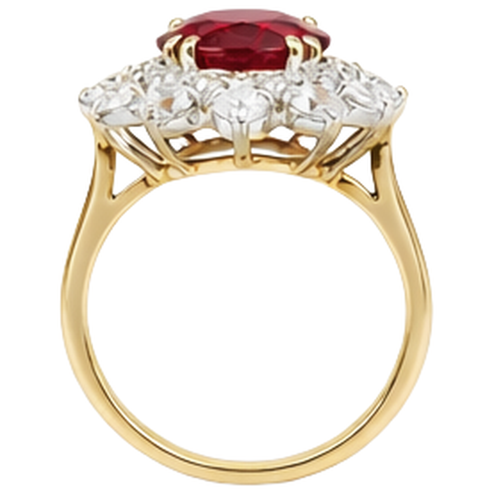 Anello a griffe con rubini e diamanti a taglio rotondo da 4.50 ct incastonati in oro giallo 14k