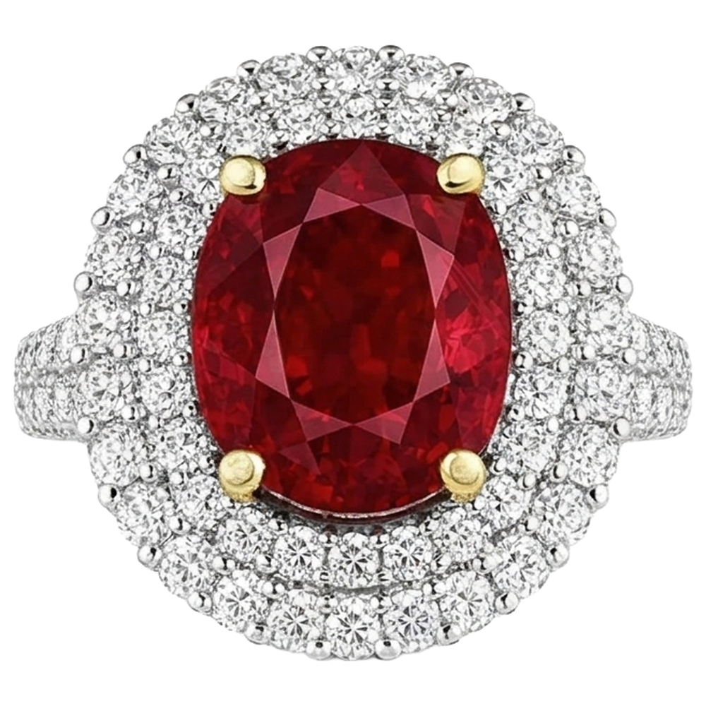 Anello a griffe con rubini rossi da 6 Ct con diamanti incastonati in oro 14K