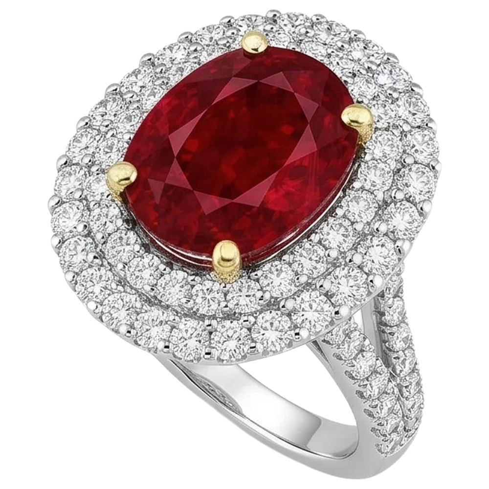 Anello a griffe con rubini rossi da 6 Ct con diamanti incastonati in oro 14K