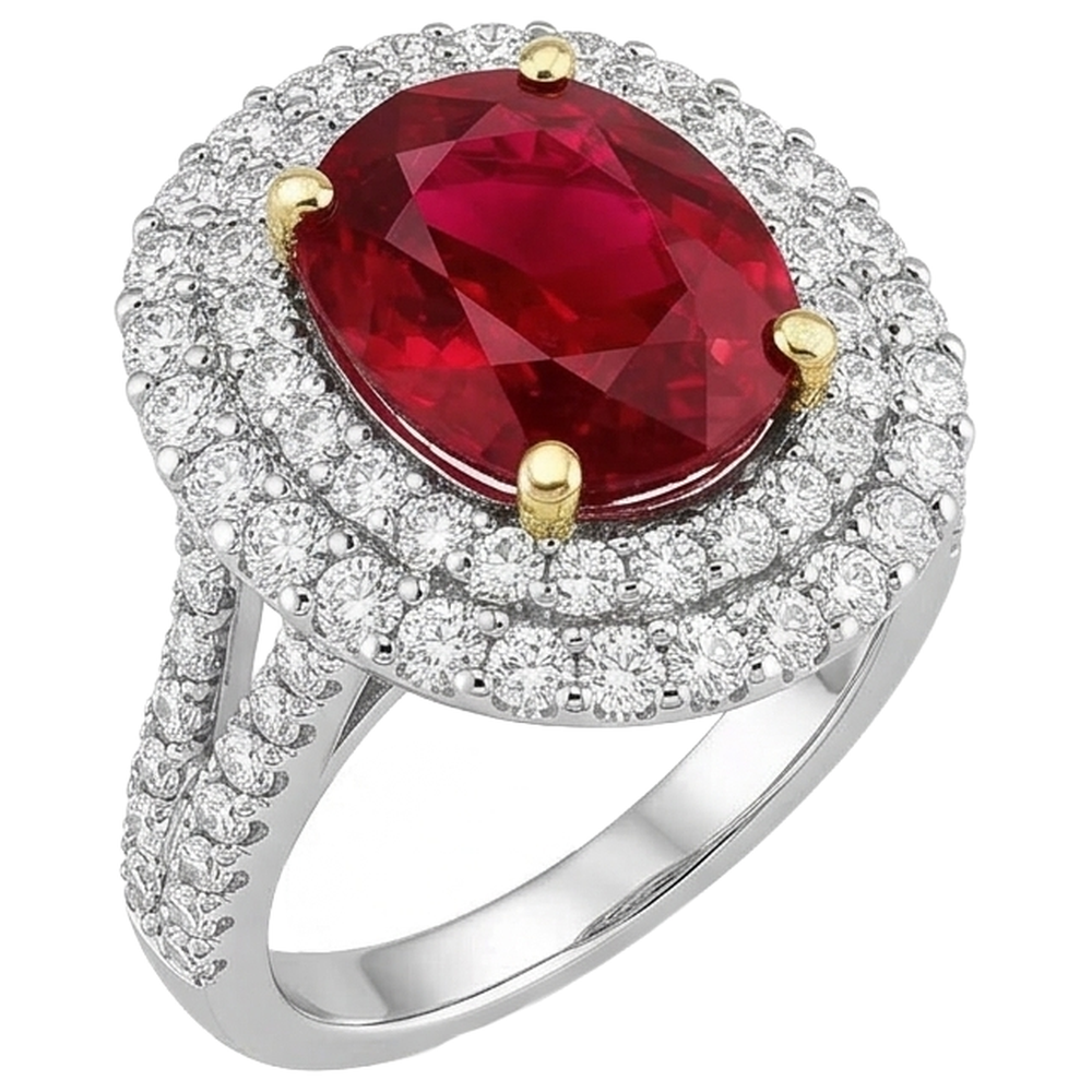 Anello a griffe con rubini rossi da 6 Ct con diamanti incastonati in oro 14K
