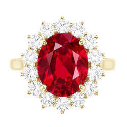 Anello a griffe con rubino ovale da 4 ct con diamanti rotondi incastonati in oro giallo 14k