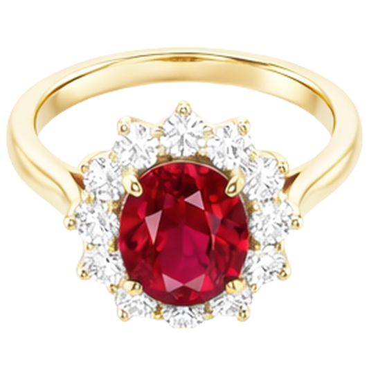 Anello a griffe con rubino ovale da 4 ct con diamanti rotondi incastonati in oro giallo 14k