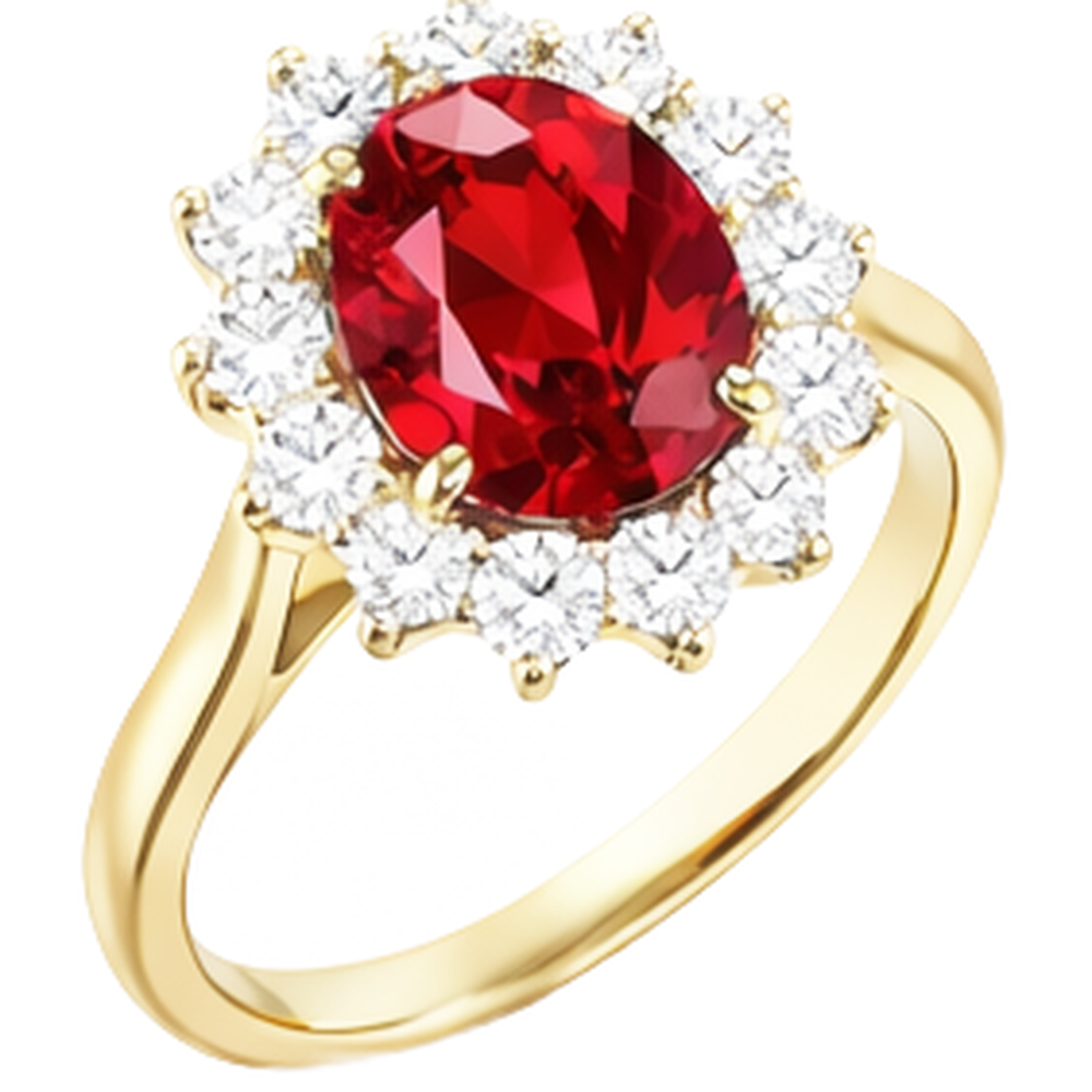Anello a griffe con rubino ovale da 4 ct con diamanti rotondi incastonati in oro giallo 14k