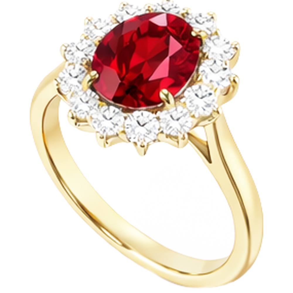 Anello a griffe con rubino ovale da 4 ct con diamanti rotondi incastonati in oro giallo 14k