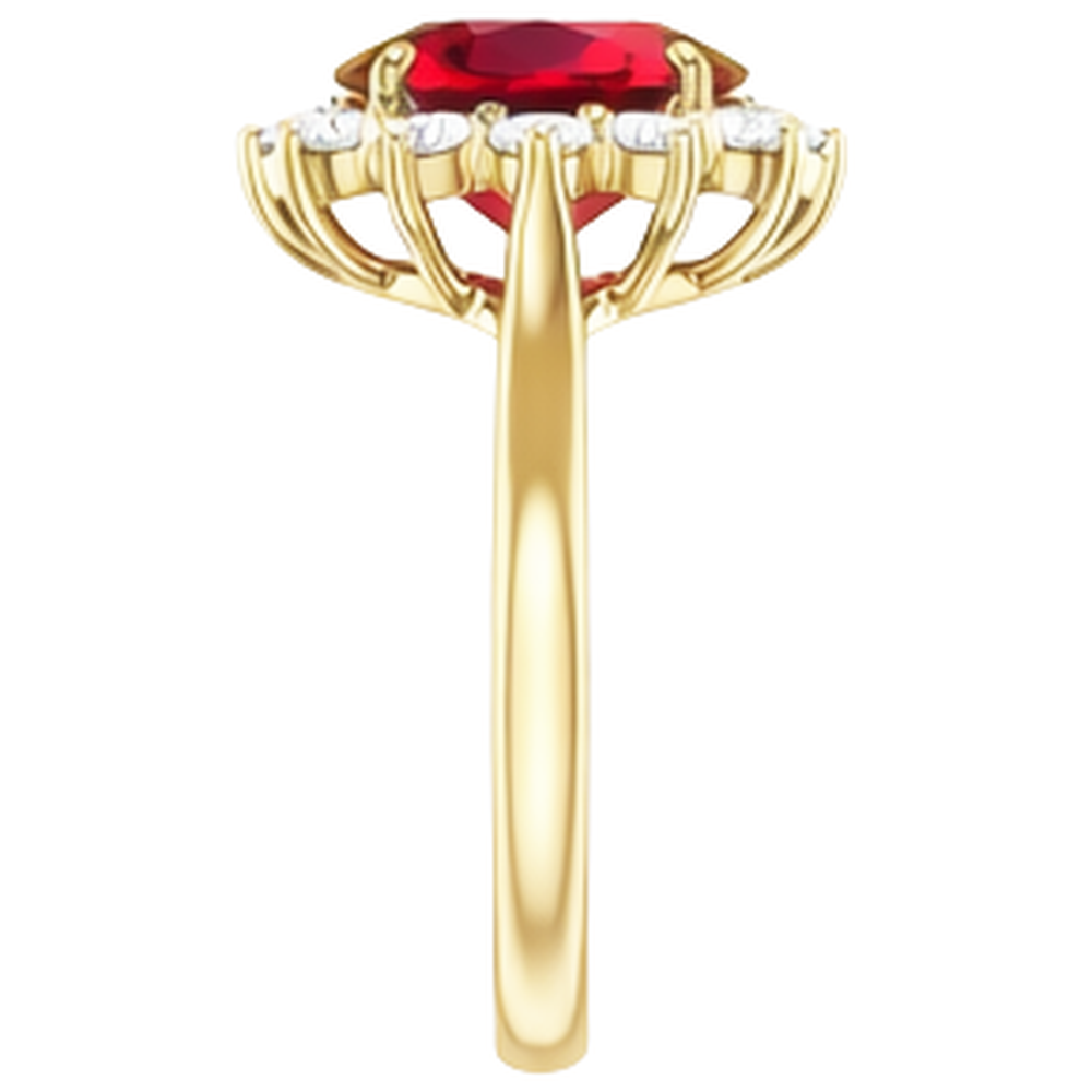 Anello a griffe con rubino ovale da 4 ct con diamanti rotondi incastonati in oro giallo 14k