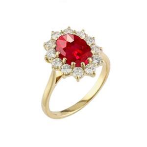 Anello a griffe con rubino ovale da 4 ct con diamanti rotondi incastonati in oro giallo 14 kt - harrychadent.it