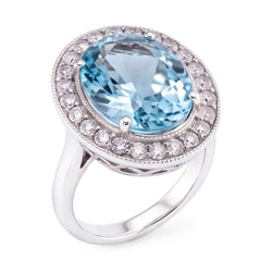 Anello a polo con acquamarina rotonda e diamanti da 11 ct in oro bianco 14K